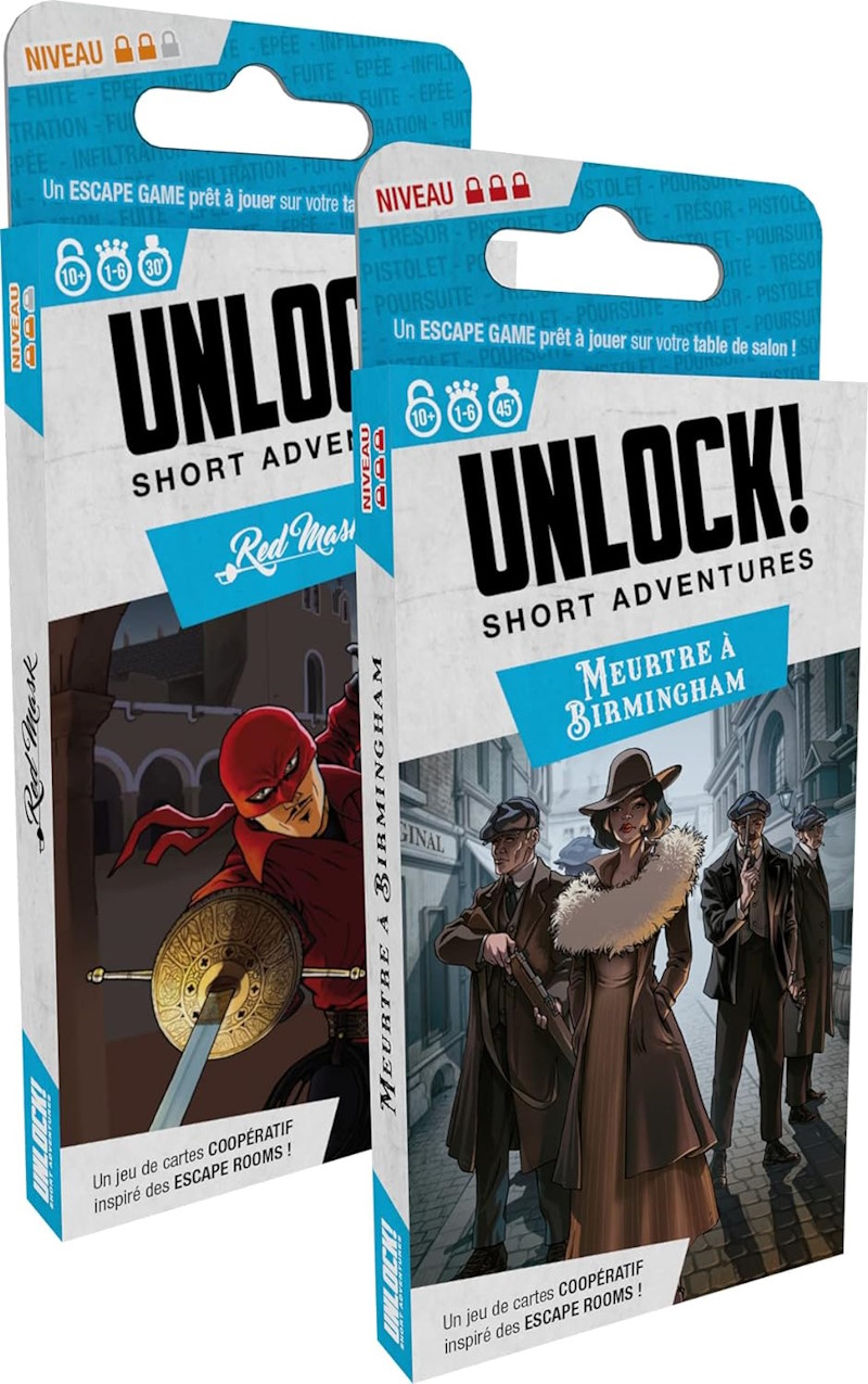 Asmodee Space Cowboys Unlock! Short Adventure : Res Mask + Meurtre à Birmingham - Jeux de société en Cartes - Escape Game - Adulte et Enfant à partir de 10 Ans - Version française